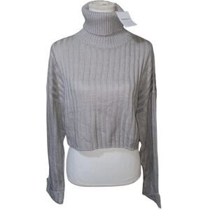 NWT Large Womens Gray Knit Cropped Turtleneck Sweater Top Preppy F21 Cuff Sleeve